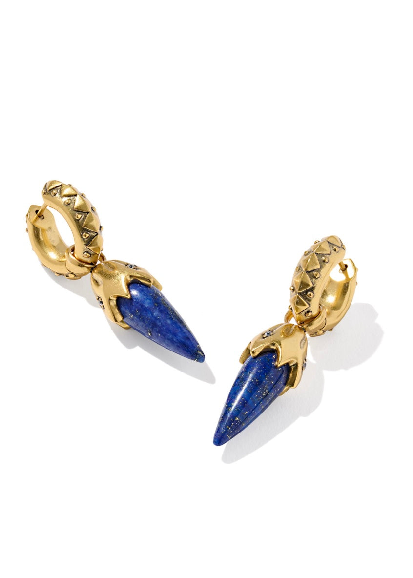 KENDRA SCOTT CATHERINE HUGGIE EARRINGS - VINTAGE GOLD BLUE LAPIS