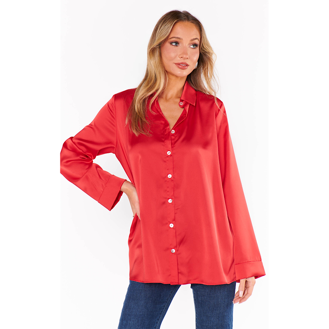 SHOW ME YOUR MUMU SMITH BUTTON DOWN - RED LUXE SATIN