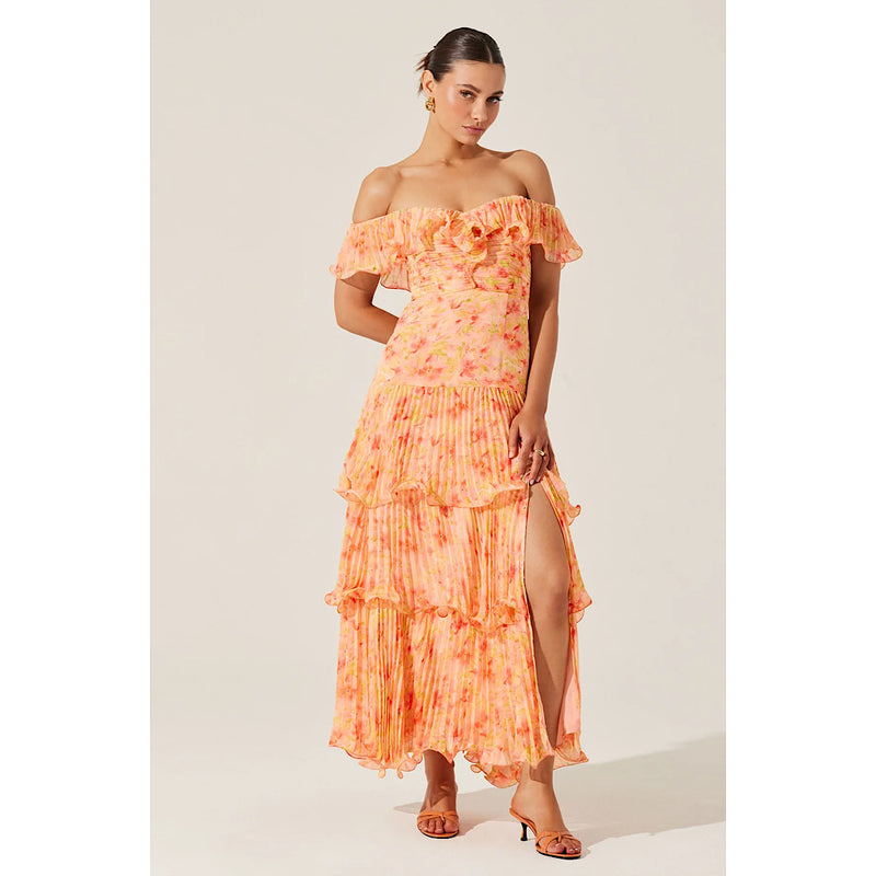 ASTR THE LABEL WILDER PLEATED MAXI DRESS - CORAL FLORAL
