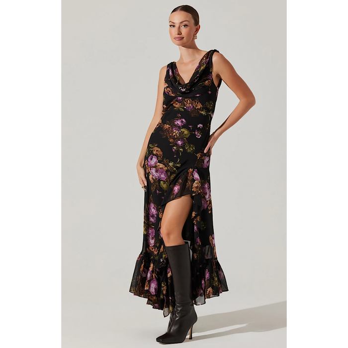 ASTR THE LABEL CECILIA DRESS - BLACK PURPLE FLORAL