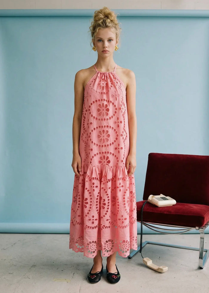 BUTTERFLY SEASON EYELET MIDI DRESS