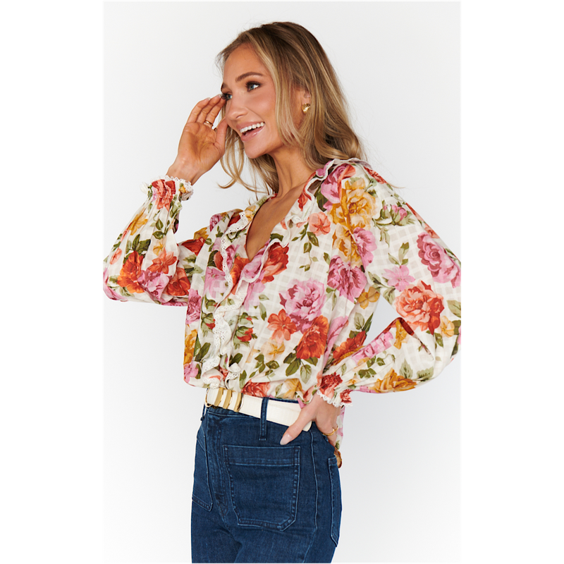 SHOW ME YOUR MUMU LYDIA RUFFLE TOP - IVORY HILLSIDE FLORAL