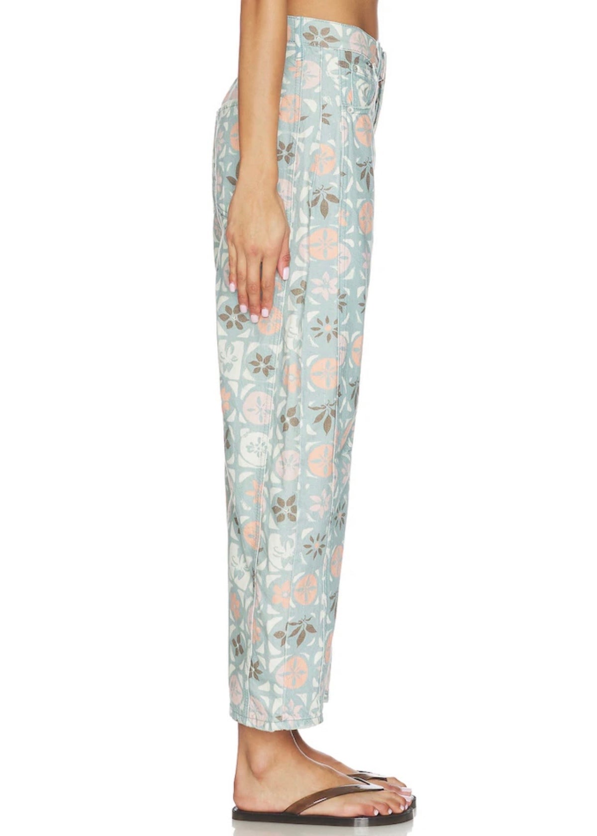 FREE PEOPLE GOOD LUCK PRINTED BARREL JEANS - JADE COMBO - DITSY BLOCK