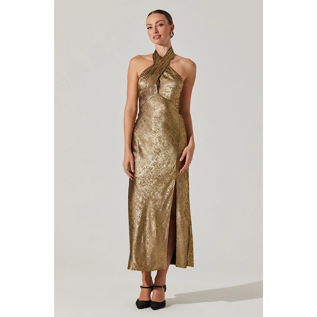 ASTR THE LABEL MARISSA HALTER NECK MIDI DRESS - GOLD