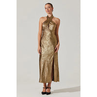 ASTR THE LABEL MARISSA HALTER NECK MIDI DRESS - GOLD