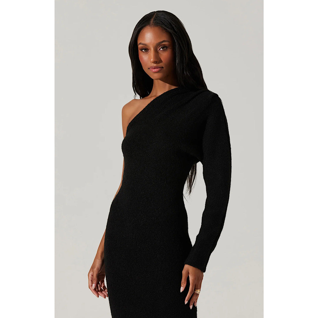 ASTR THE LABEL FINOLA ONE SHOULDER SWEATER DRESS - BLACK