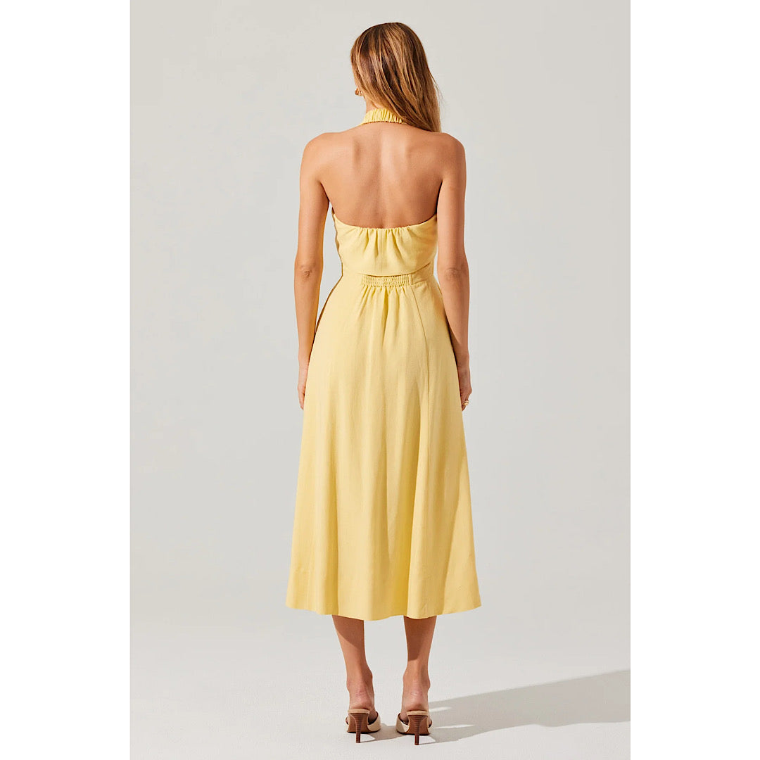 ASTR THE LABEL KATHERINE LINEN-BLEND HALTER DRESS - YELLOW