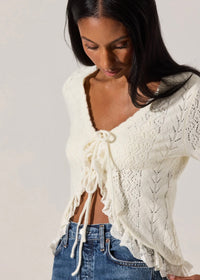 ASTR THE LABEL LACEY POINTELLE TIE-FRONT CARDIGAN - CREAM