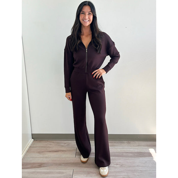 SPANX AIRESSENTIALS LONG SLEEVE WIDE LEG JUMPSUIT - TRUFFLE BROWN