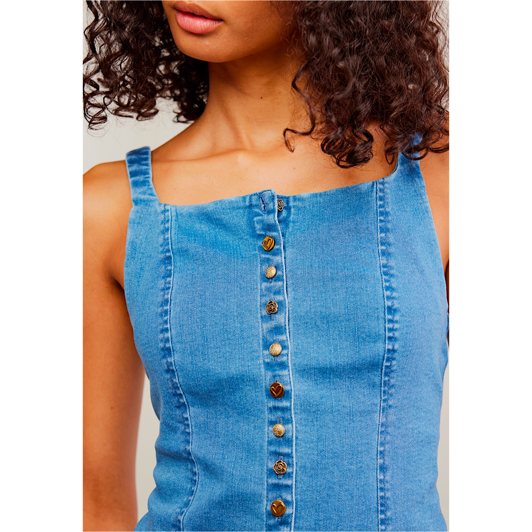 FREE PEOPLE A MOMENT IN TIME DENIM VEST - MEDIUM WASH