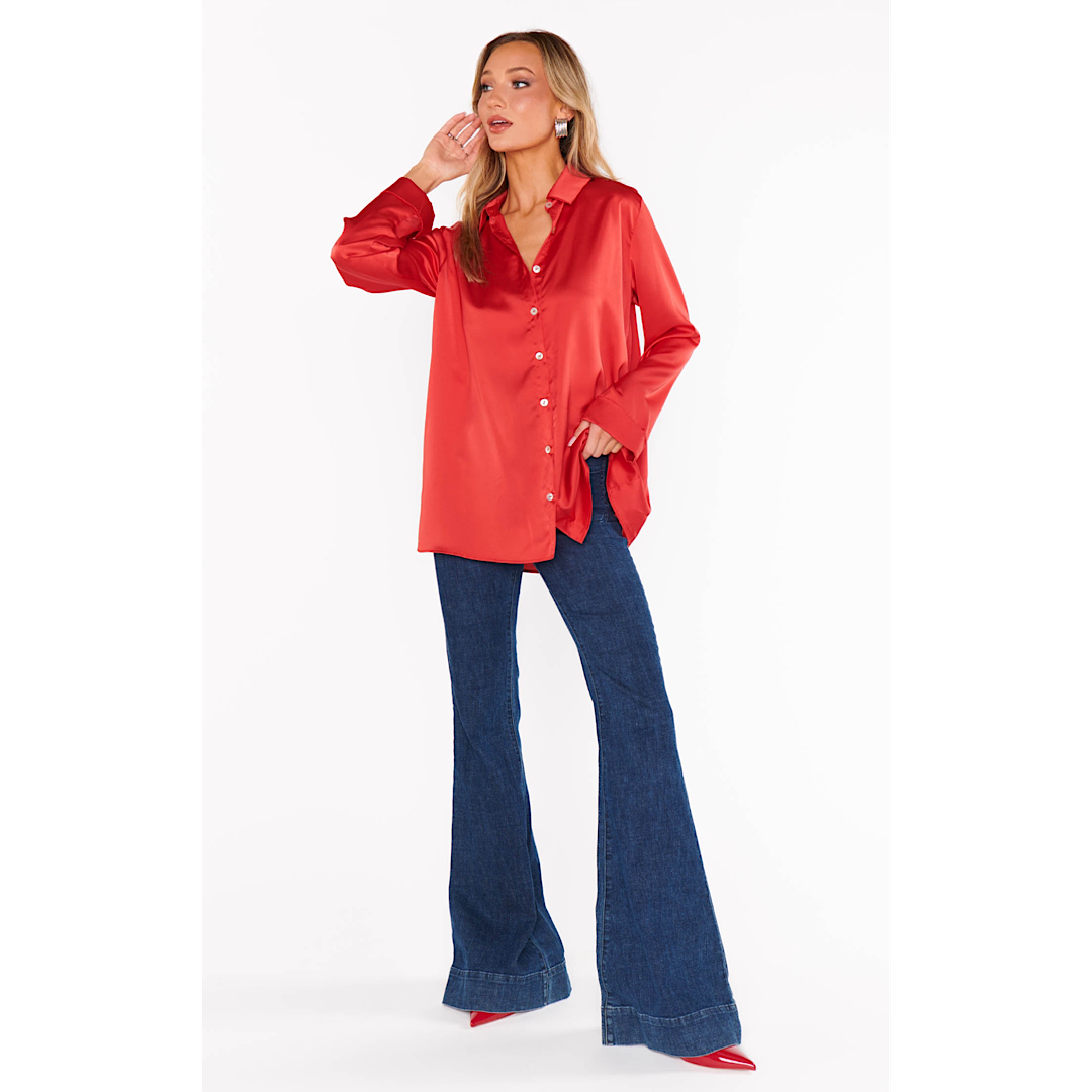 SHOW ME YOUR MUMU SMITH BUTTON DOWN - RED LUXE SATIN