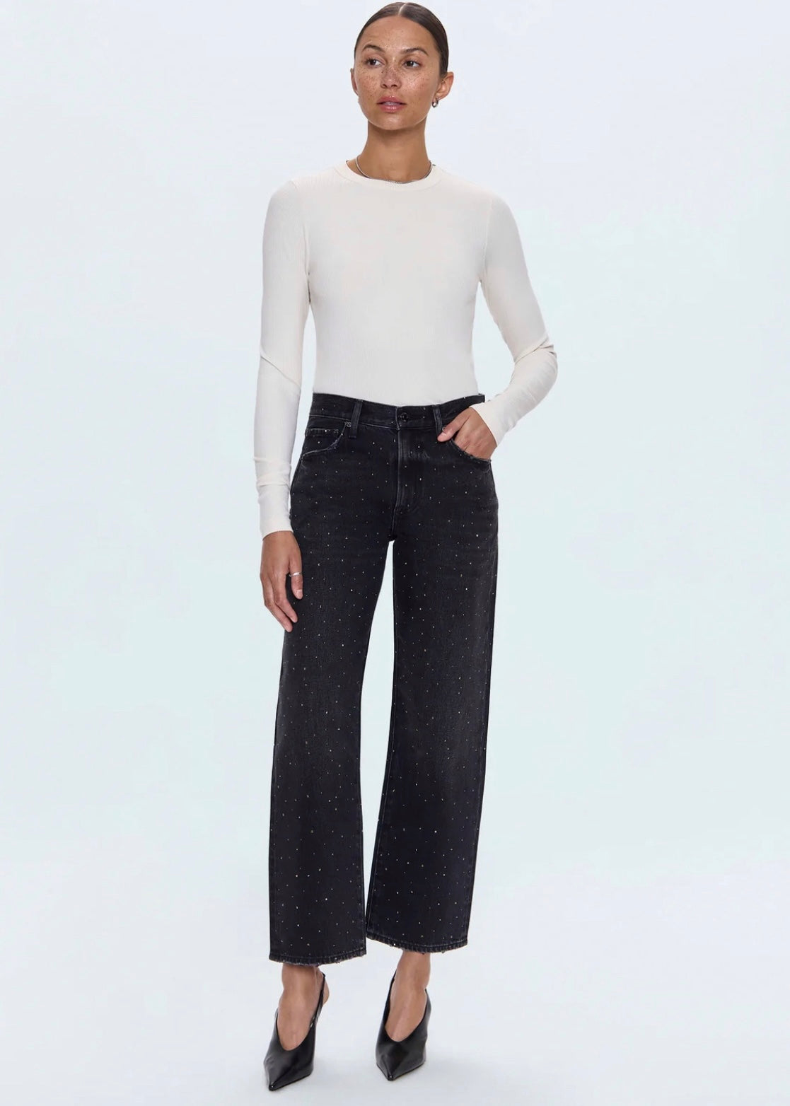 PISTOLA LEXI MID RISE BOWED STRAIGHT JEAN - SILVER SCREEN