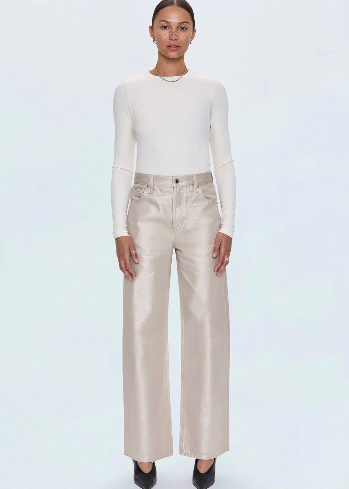 PISTOLA TATE HIGH RISE BOWED WIDE LEG JEAN - CHAMPAGNE LUSTER