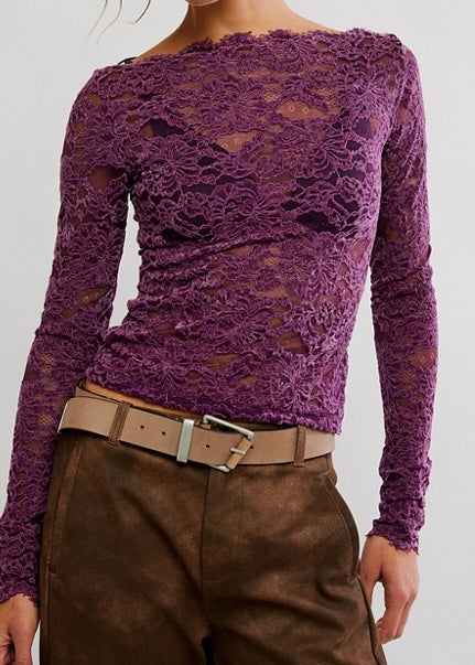 FREE PEOPLE RAISING EYEBROWS LACE TOP - ITALIAN PLUM